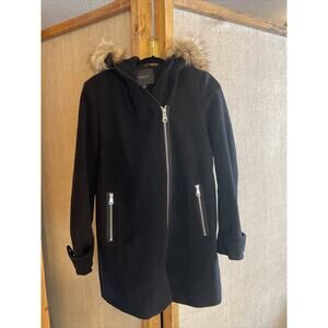 $370 Marc New York Robbie Front Zip Genuine Fur Trim Hooded Black Coat Size 10